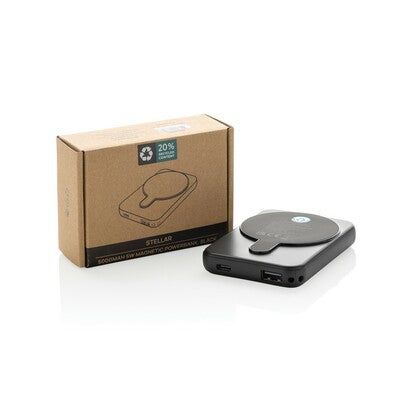 Stellar 5000mAh Magnetic Wireless Power Bank 5W with Logo Branding – Recycled RCS Material, USB-C, Eco-Friendly