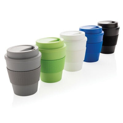350ml Reusable Travel Mug with Custom Logo Branding – 100% Recyclable PP, Silicone Grip, Microwave & Dishwasher Safe